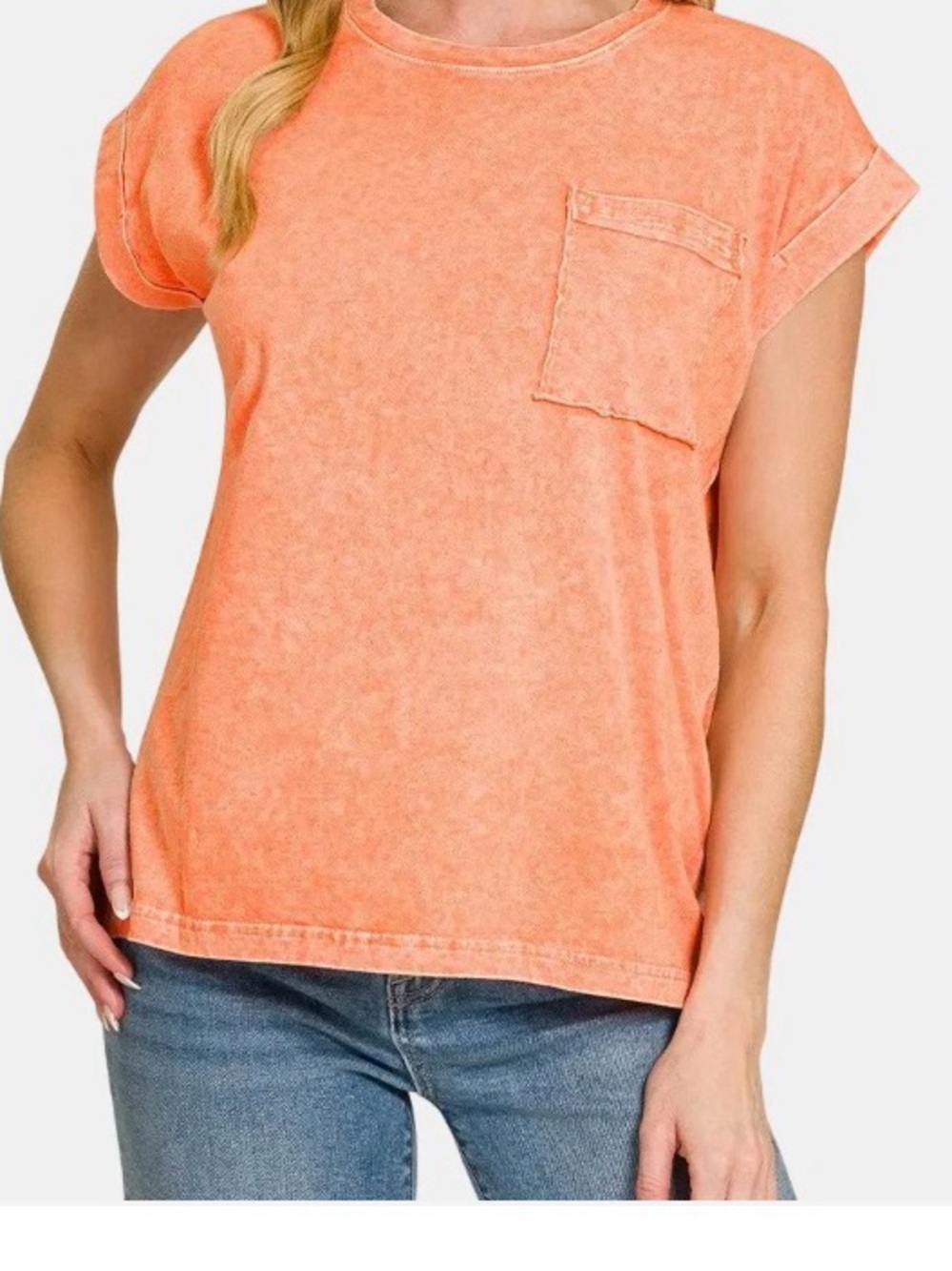 Zenana Outfitters Halo Snow-Washed Cuffed Short Sleeve Tee - Coral Orange